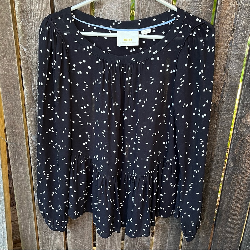 Maeve By Anthropologie Cheyenne Long Sleeve Peplum Top In Black & White Sz XS